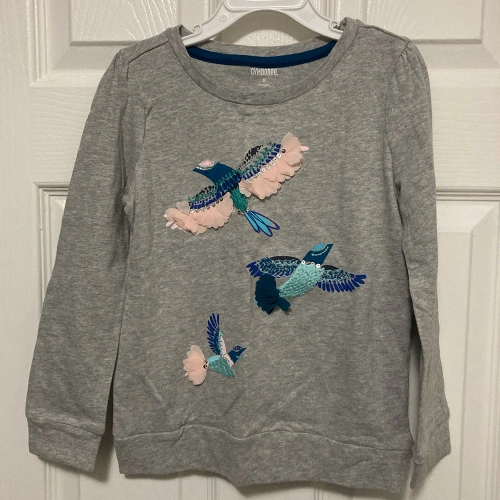 *Gymboree New Gray 3D Embroidered Birds Long Sleeve Kids-Size 5 Shirt #U